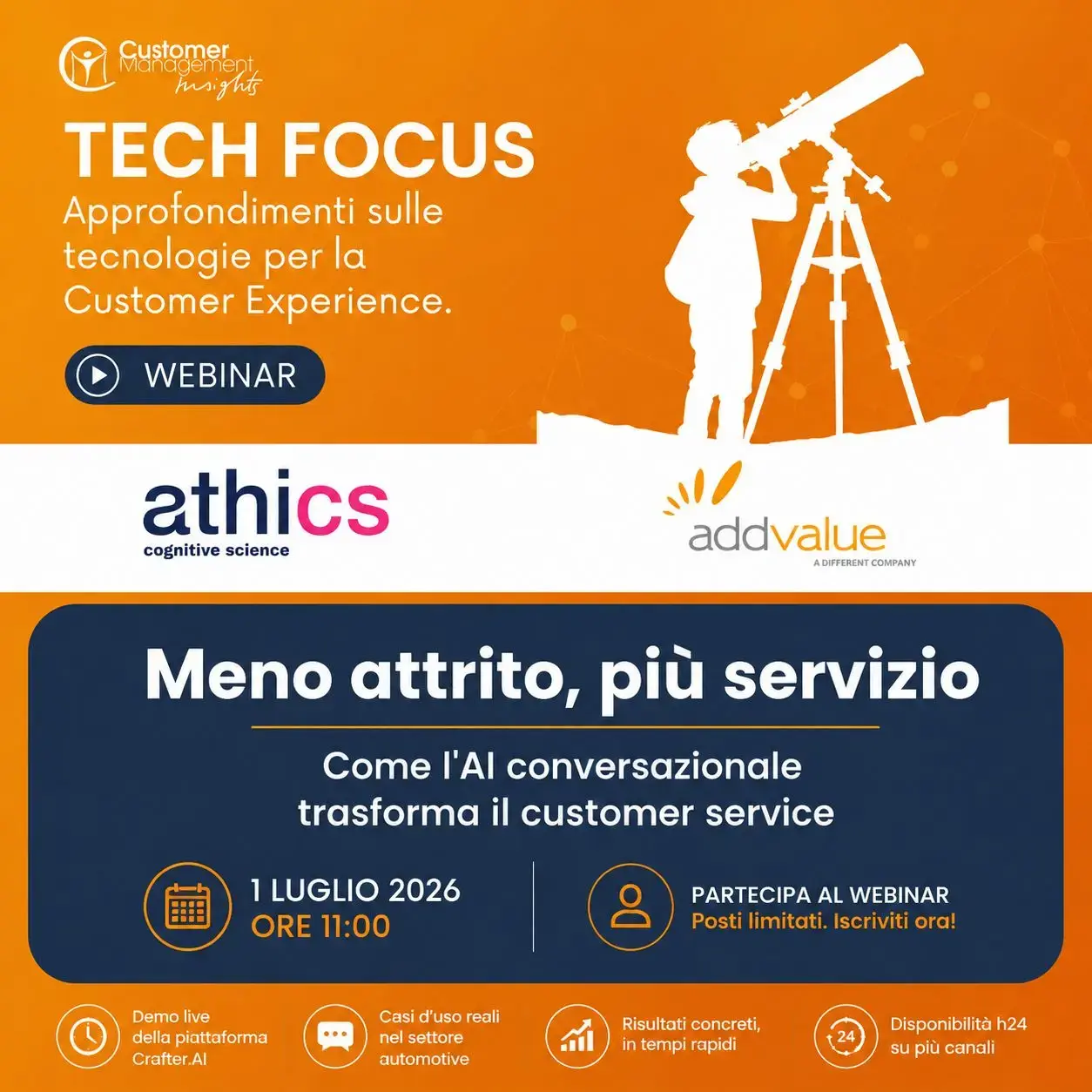 Locandina del webinar Tech Focus CMI su AI conversazionale nel customer service, con Athics e Addvalue